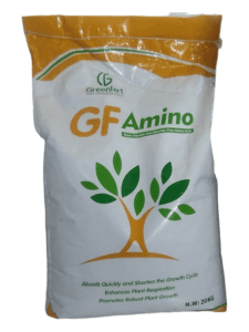 کود آمینو اسید (GF AMINO) Chloride free amino acid آمینو اسید پودري بدون کلر، از پروتئینهاي هیدرولیز شده گیاهی تشکیل شده است (پایه گیاهی) که شـــامل ۱۷ نوع اسید آمینه آزاد و کاملاً محلول در آب میباشد. این محصول شامل نیتروژن آلی و غیر آلی بوده که داراي اثر دوگانهاي جهت تامین نیتروژن و کربـن و از سویی بالاترین اثر بهبود بخشی جهت رشد گیاهان و افزایــش جذب عناصر غذایی در آنها میباشد.